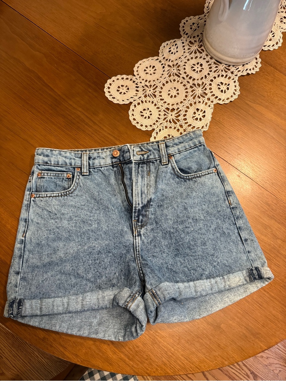 Bershka Light Blue High-Rise Rolled-Hem Denim Shorts